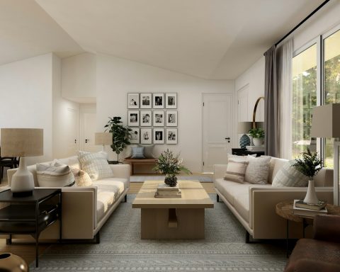 living room with white sofa set and green potted plant