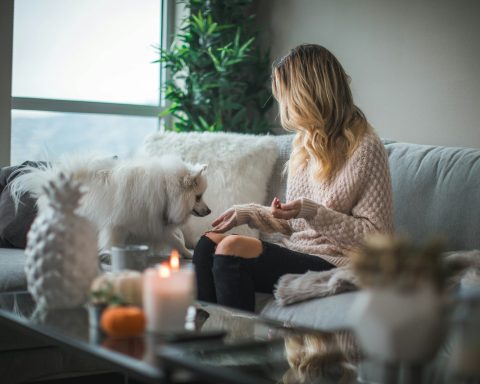 woman sitting on sofa while holding food for dog
